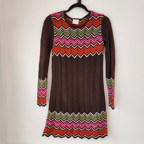 Hanna Andersson Brown Pink Chevron Knit Sweater Dress Fall Winter Girls 12 150cm - Picture 1 of 6